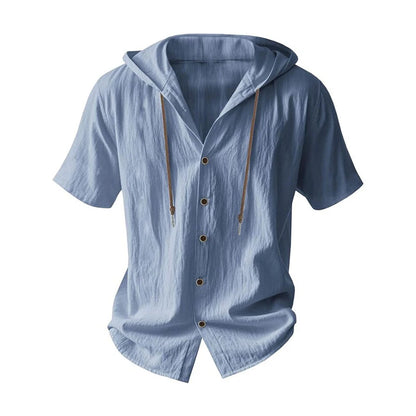 SOSUSU Men Short Sleeve Hooded Shirt Casual Button Down Drawstring Linen Style Summer Beach Tops Lightweight Breathable Loose