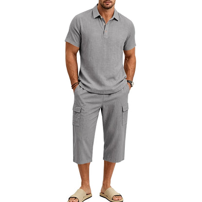 Men's Linen Breathable Loose Polo Two-Piece Set Short-Sleeve Top Work Pants Summer Beach Casual Sports Outfit