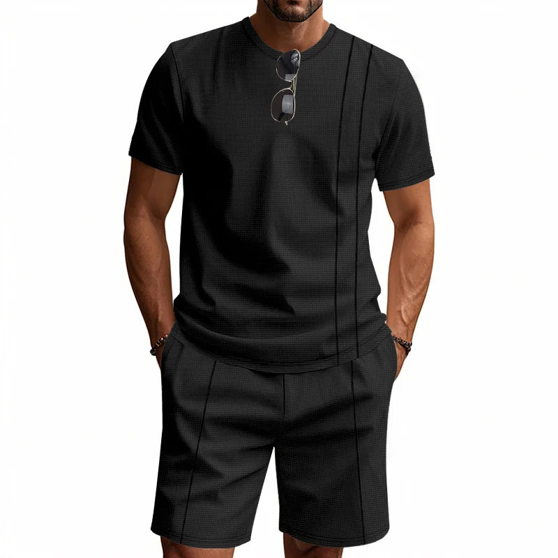 Men's Waffle Knit 2 Piece Tracksuit Set Solid Color Short Sleeve Crew Neck T Shirt Elastic Waist Shorts Summer Casual  Outfit.