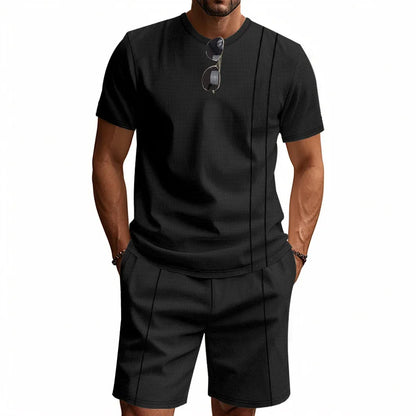 Men's Waffle Knit 2 Piece Tracksuit Set Solid Color Short Sleeve Crew Neck T Shirt Elastic Waist Shorts Summer Casual  Outfit.