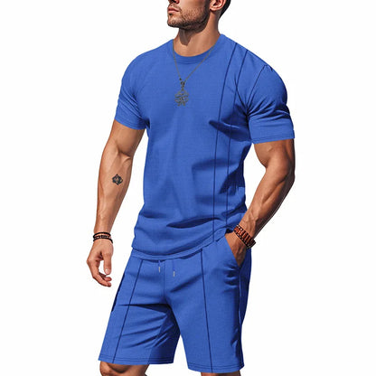 Men's Waffle Knit 2 Piece Tracksuit Set Solid Color Short Sleeve Crew Neck T Shirt Elastic Waist Shorts Summer Casual  Outfit.