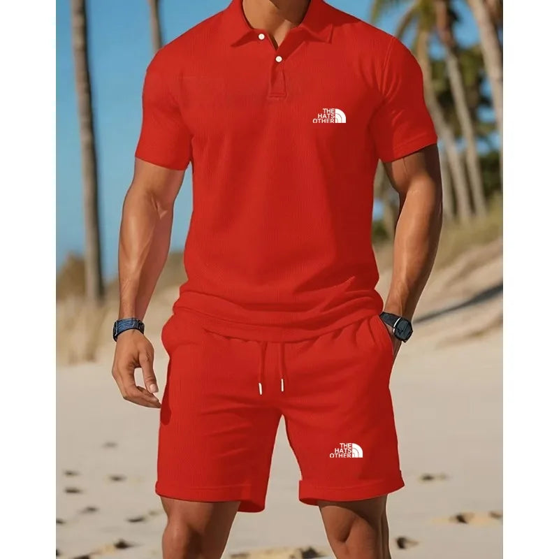 Daily essential men's casual Polo set exquisite letter printing soft glutinous fabric home fitness jogging versatile shorts set