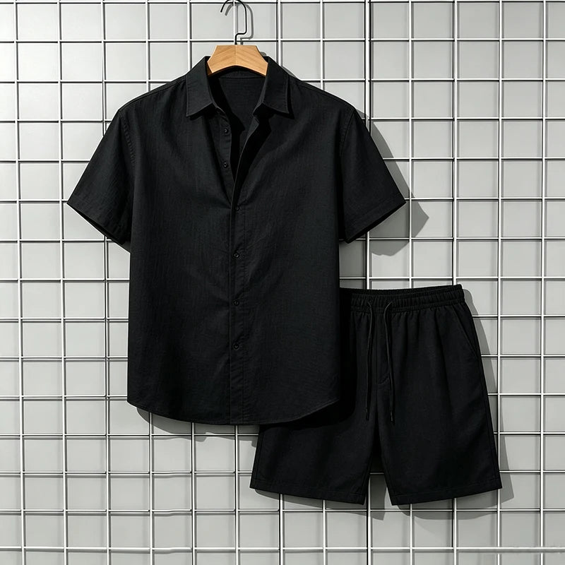 Men's 2 Piece Breathable Linen Set Short Sleeve Button Shirt & Shorts Looser Fit Summer Casual Beach Vacation Daily Wear Outfit
