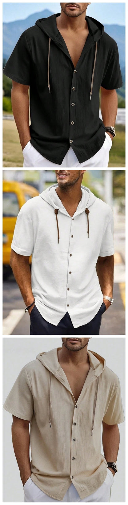 SOSUSU Men Short Sleeve Hooded Shirt Casual Button Down Drawstring Linen Style Summer Beach Tops Lightweight Breathable Loose