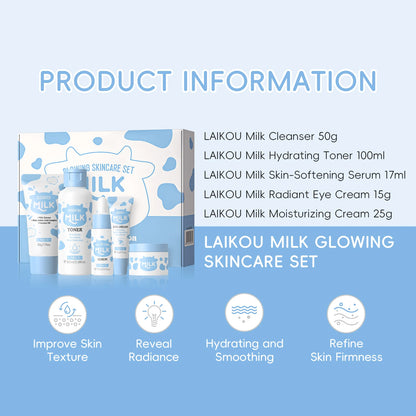 LAIKOU Milk Glowing Skincare Set Hydrating Brightening Anti-Age Firming Facial Care Cleanser Toner Serum Eye Cream Moisturizer