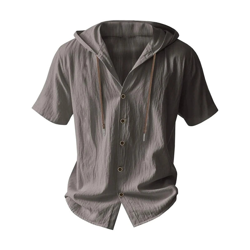 SOSUSU Men Short Sleeve Hooded Shirt Casual Button Down Drawstring Linen Style Summer Beach Tops Lightweight Breathable Loose