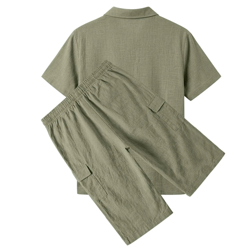Men's Linen Breathable Loose Polo Two-Piece Set Short-Sleeve Top Work Pants Summer Beach Casual Sports Outfit