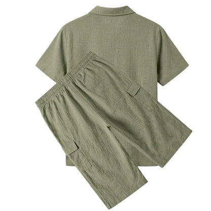 Men's Linen Breathable Loose Polo Two-Piece Set Short-Sleeve Top Work Pants Summer Beach Casual Sports Outfit