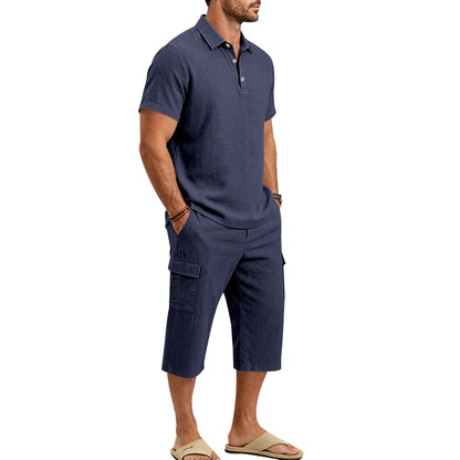 Men's Linen Breathable Loose Polo Two-Piece Set Short-Sleeve Top Work Pants Summer Beach Casual Sports Outfit