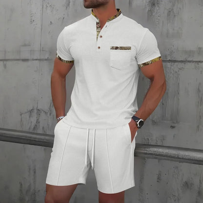 Summer Waffle Solid Color Casual Loose Collar Polo Shirt Set European and American Men Short Sleeved Shorts Casual Set