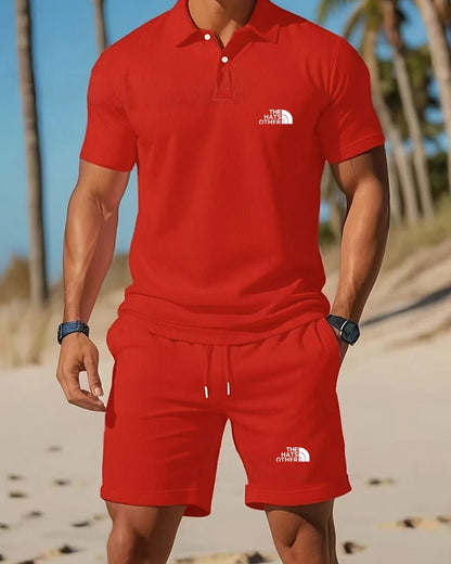 Daily essential men's casual Polo set exquisite letter printing soft glutinous fabric home fitness jogging versatile shorts set