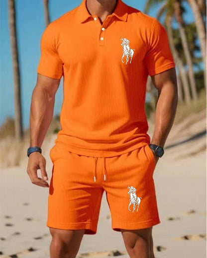 Men's trendy sports polo shirt paired with shorts,  print on the chest and breathable fabric,   distance travel and home wear