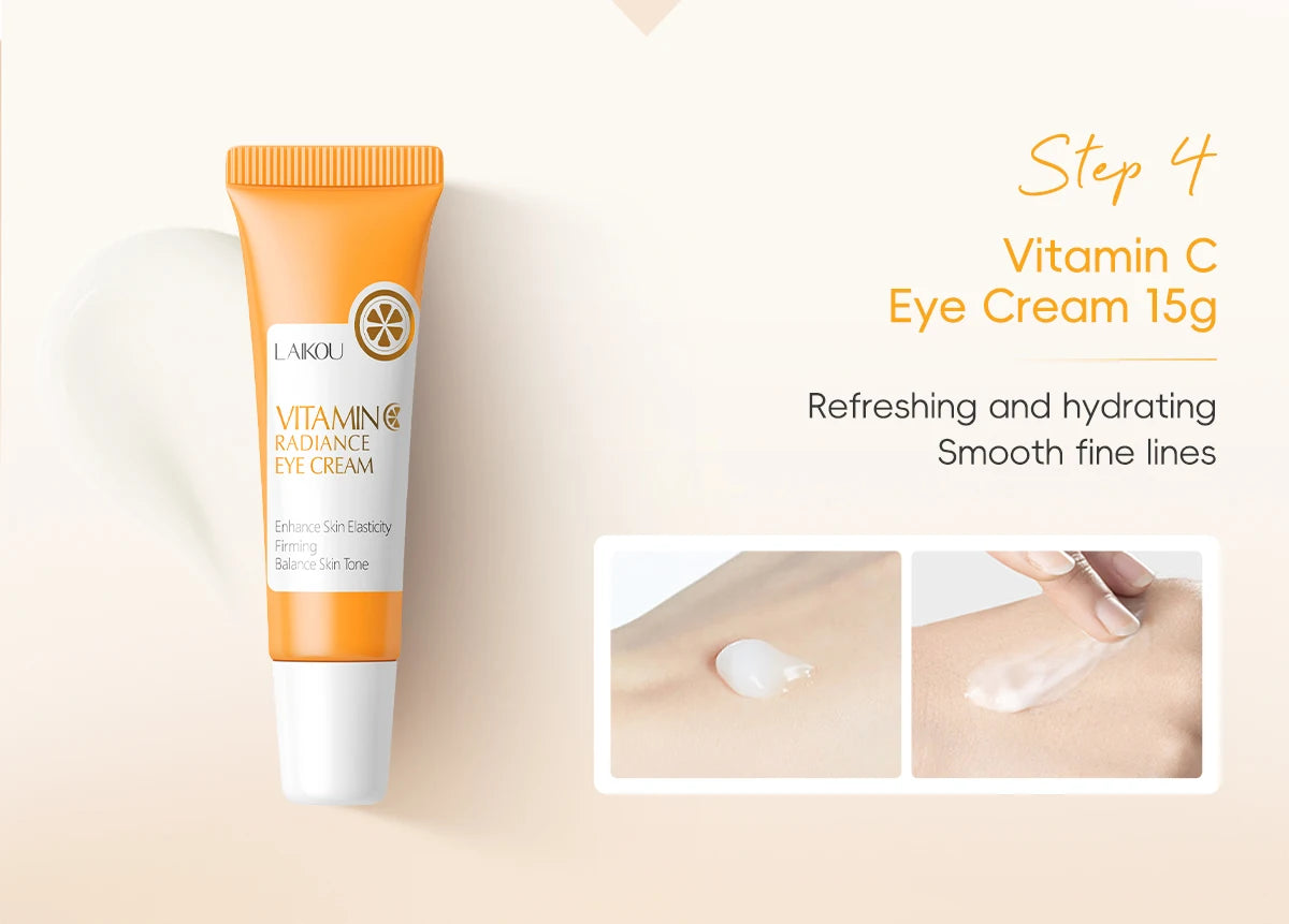 LAIKOU VITAMIN C Skincare Set Brightening 5Pcs Kit Even Skin Tone Smooth Wrinkle Tighten Pores Cleanser Toner Serum Eye Cream