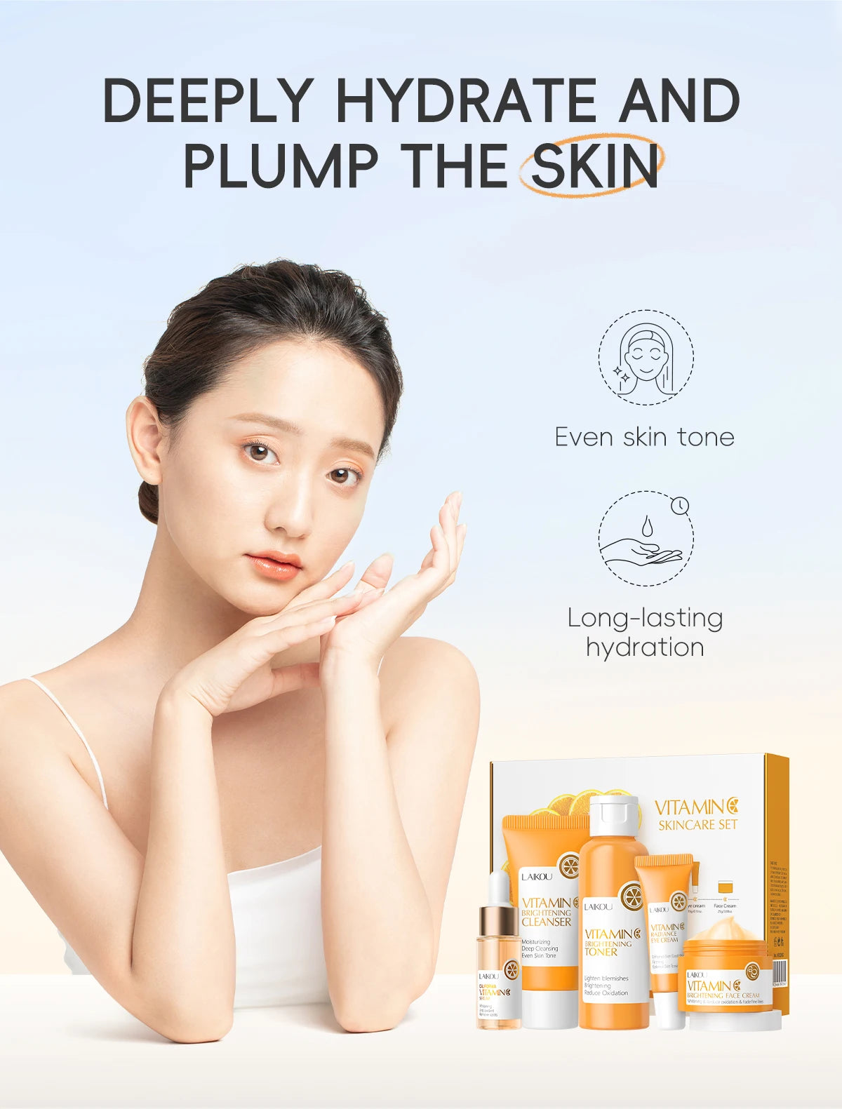 LAIKOU VITAMIN C Skincare Set Brightening 5Pcs Kit Even Skin Tone Smooth Wrinkle Tighten Pores Cleanser Toner Serum Eye Cream
