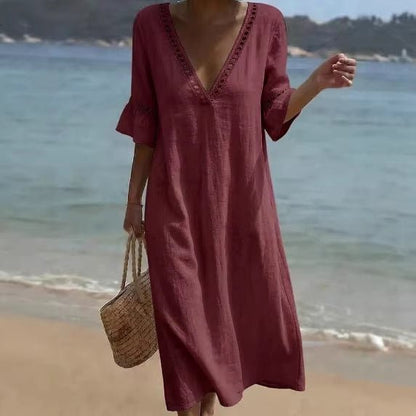 Elegant Cotton - Linen V - Neck Dress - BKKFinds