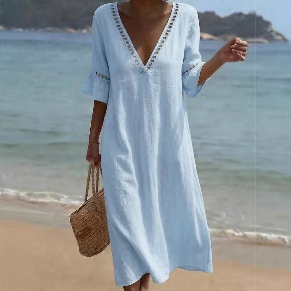 Elegant Cotton - Linen V - Neck Dress - BKKFinds