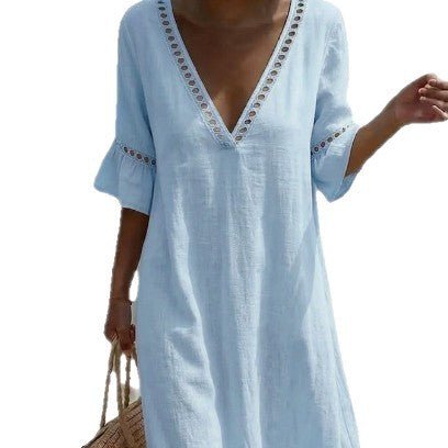 Elegant Cotton - Linen V - Neck Dress - BKKFinds