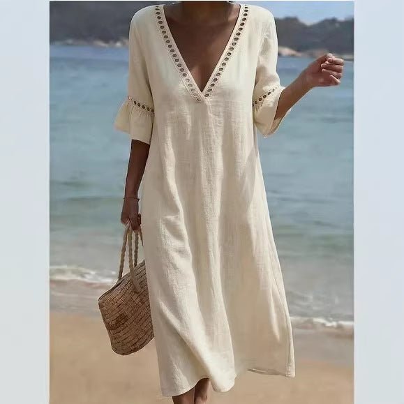 Elegant Cotton - Linen V - Neck Dress - BKKFinds