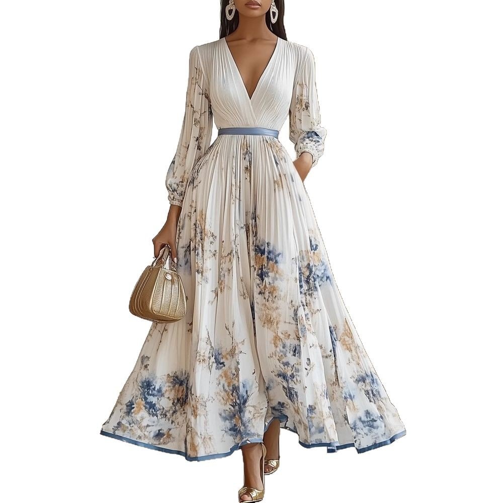 European And American Print Holiday Dress - BKKFinds