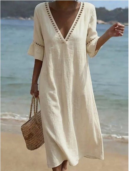 Loose - fitting Solid - color Cotton - Linen Lace V - neck Dress - BKKFinds