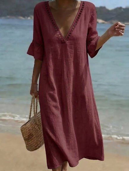 Loose - fitting Solid - color Cotton - Linen Lace V - neck Dress - BKKFinds