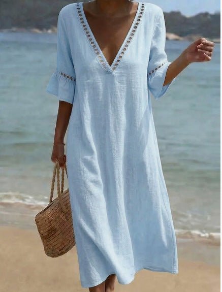 Loose - fitting Solid - color Cotton - Linen Lace V - neck Dress - BKKFinds