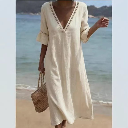 Loose - fitting Solid - color Cotton - Linen Lace V - neck Dress - BKKFinds