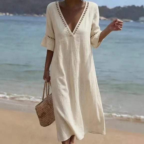 Loose - fitting Solid - color Cotton - Linen Lace V - neck Dress - BKKFinds