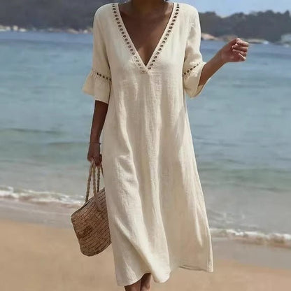 Loose - fitting Solid - color Cotton - Linen Lace V - neck Dress - BKKFinds