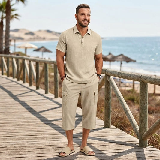 Mens Linen Polo Two-Piece Set