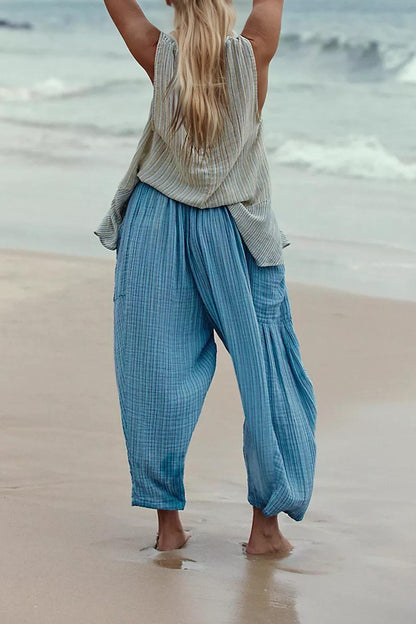 Striped Straight - leg Pants Elastic Waist Cropped Pleated Pants - BKKFinds