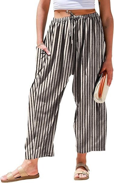 Striped Straight - leg Pants Elastic Waist Cropped Pleated Pants - BKKFinds