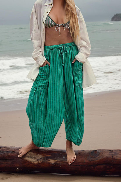 Striped Straight - leg Pants Elastic Waist Cropped Pleated Pants - BKKFinds