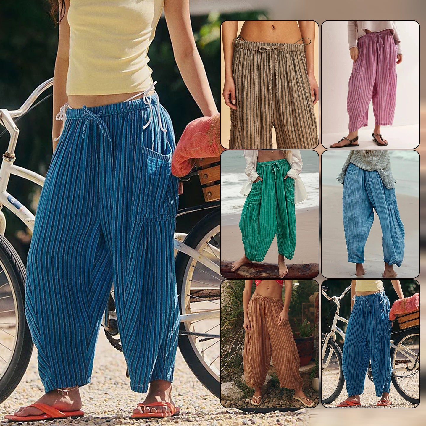 Striped Straight - leg Pants Elastic Waist Cropped Pleated Pants - BKKFinds