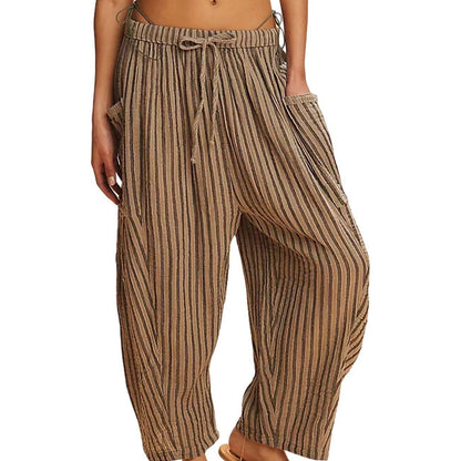 Striped Straight - leg Pants Elastic Waist Cropped Pleated Pants - BKKFinds