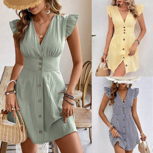Summer V - neck Single - breasted Fly - sleeve Women's Shirt Dresses With Elegant Splicing Stripe Printing Beach Style Dress - BKKFinds