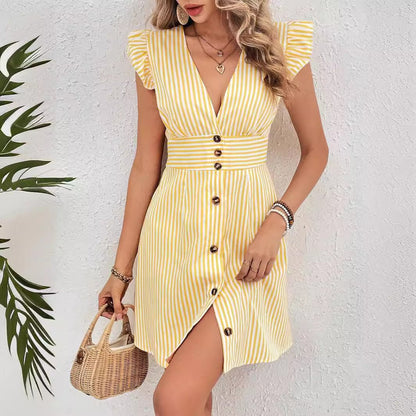 Summer V - neck Single - breasted Fly - sleeve Women's Shirt Dresses With Elegant Splicing Stripe Printing Beach Style Dress - BKKFinds