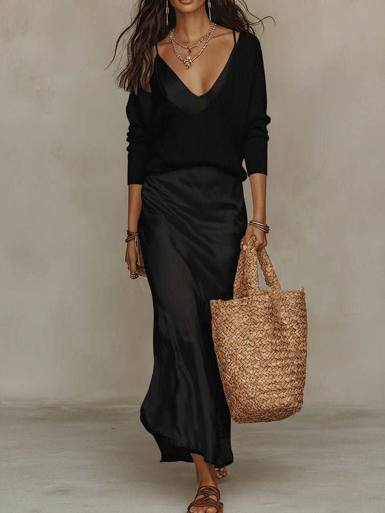 Women’s Satin Maxi Dress Set with Long Sleeve Cardigan - BKKFinds