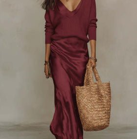 Women’s Satin Maxi Dress Set with Long Sleeve Cardigan - BKKFinds