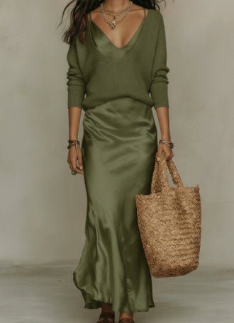 Women’s Satin Maxi Dress Set with Long Sleeve Cardigan - BKKFinds
