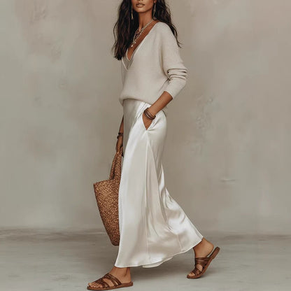 Women’s Satin Maxi Dress Set with Long Sleeve Cardigan - BKKFinds