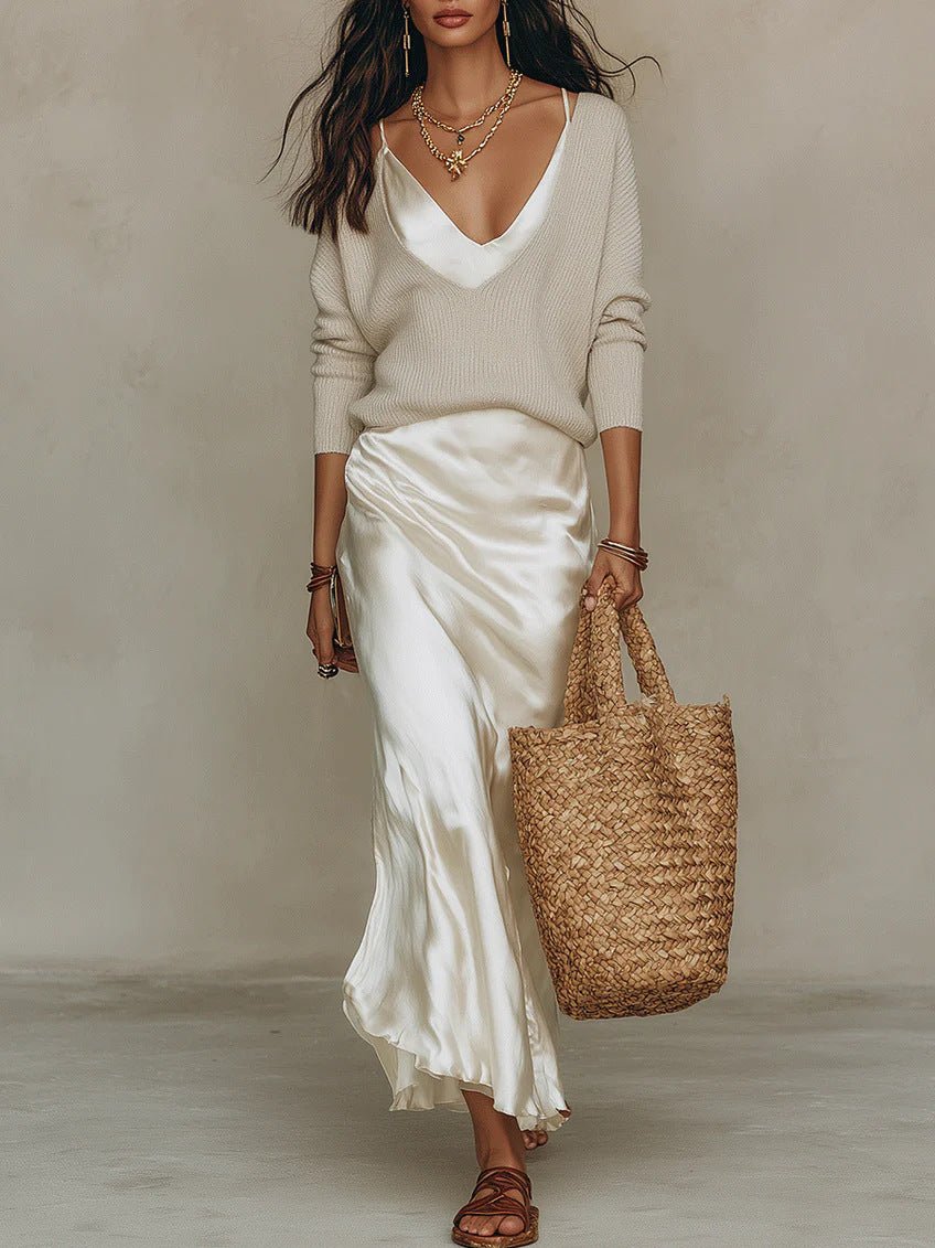 Women’s Satin Maxi Dress Set with Long Sleeve Cardigan - BKKFinds
