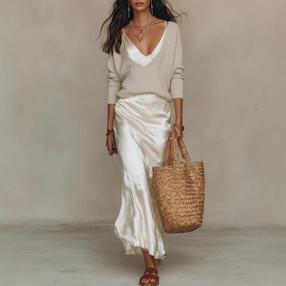 Women’s Satin Maxi Dress Set with Long Sleeve Cardigan - BKKFinds