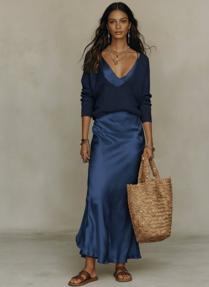 Women’s Satin Maxi Dress Set with Long Sleeve Cardigan - BKKFinds