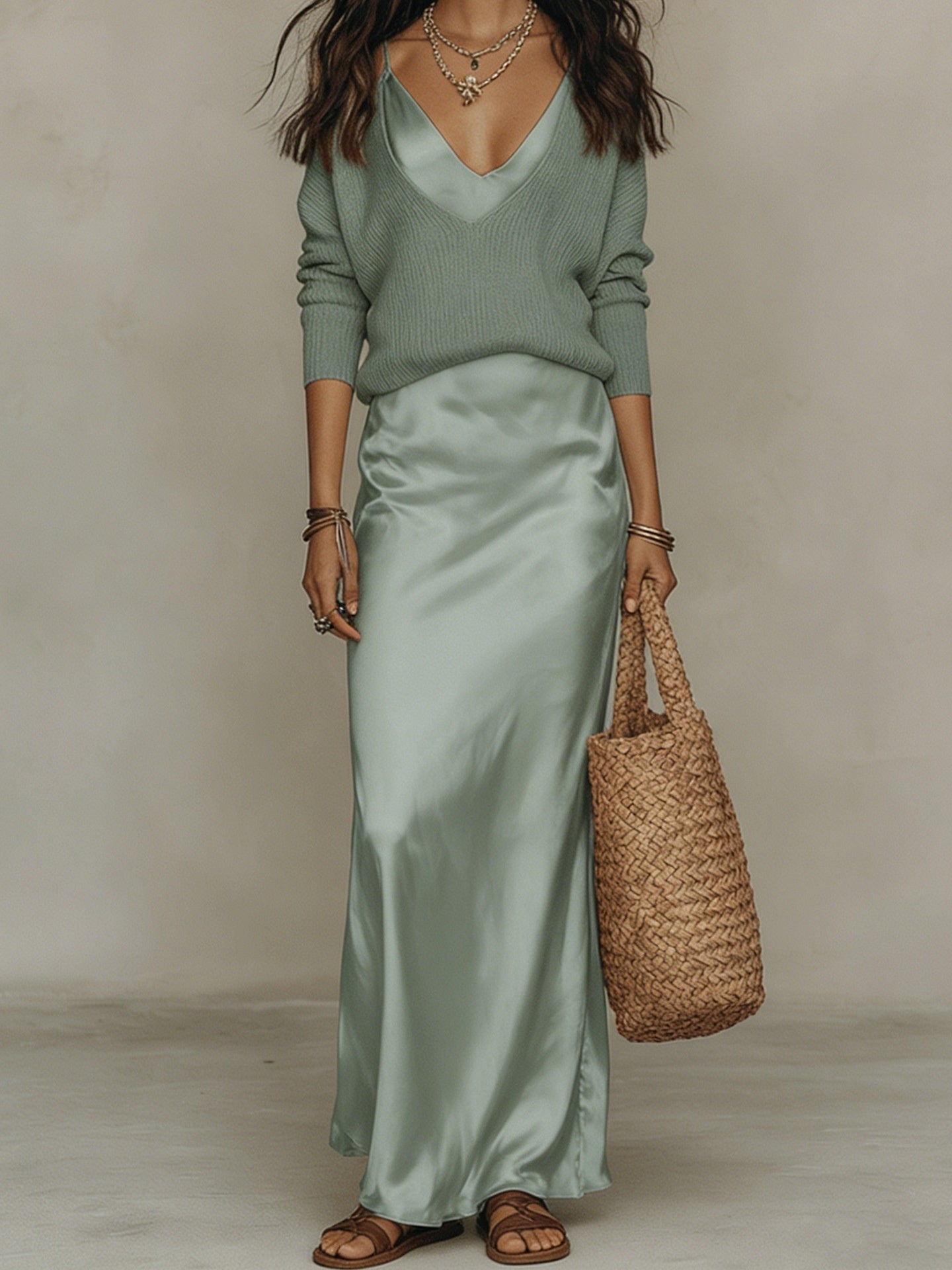 Women’s Satin Maxi Dress Set with Long Sleeve Cardigan - BKKFinds