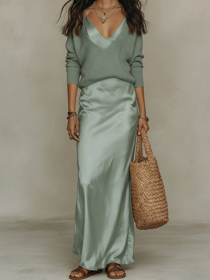 Women’s Satin Maxi Dress Set with Long Sleeve Cardigan - BKKFinds