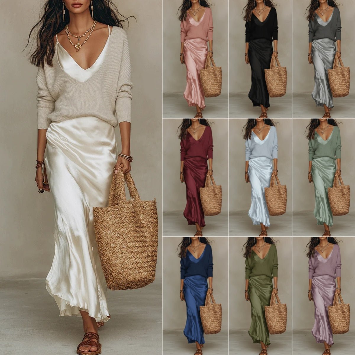 Women’s Satin Maxi Dress Set with Long Sleeve Cardigan - BKKFinds
