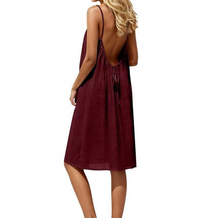 Women's Solid Color Spaghetti Strap Backless Dress - Sleeveless Summer Bodycon Fit Casual Evening Dress For Daily Wear Holiday Outfit - BKKFinds