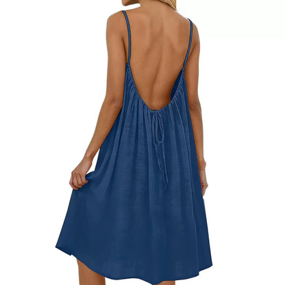 Women's Solid Color Spaghetti Strap Backless Dress - Sleeveless Summer Bodycon Fit Casual Evening Dress For Daily Wear Holiday Outfit - BKKFinds