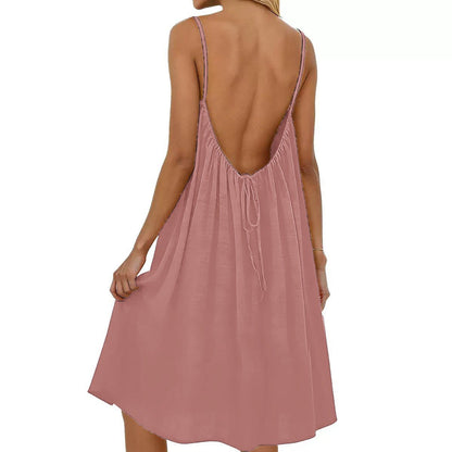 Women's Solid Color Spaghetti Strap Backless Dress - Sleeveless Summer Bodycon Fit Casual Evening Dress For Daily Wear Holiday Outfit - BKKFinds